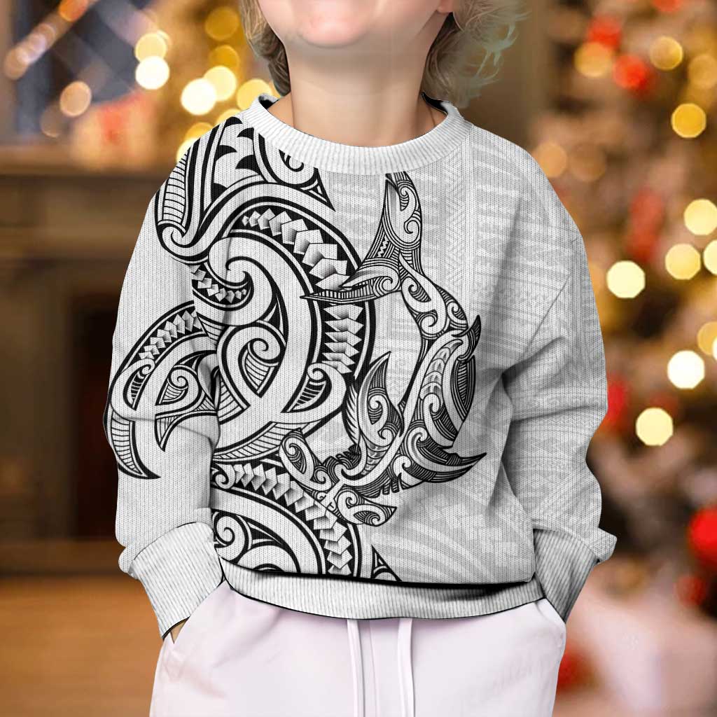New Zealand Hammerhead Shark Kid Ugly Christmas Sweater Maori Haehae Mangopare White - Vibe Hoodie