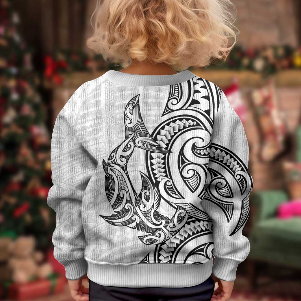 New Zealand Hammerhead Shark Kid Ugly Christmas Sweater Maori Haehae Mangopare White - Vibe Hoodie