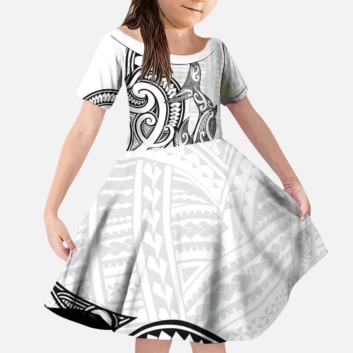 New Zealand Hammerhead Shark Kid Short Sleeve Dress Maori Haehae Mangopare White - Vibe Hoodie