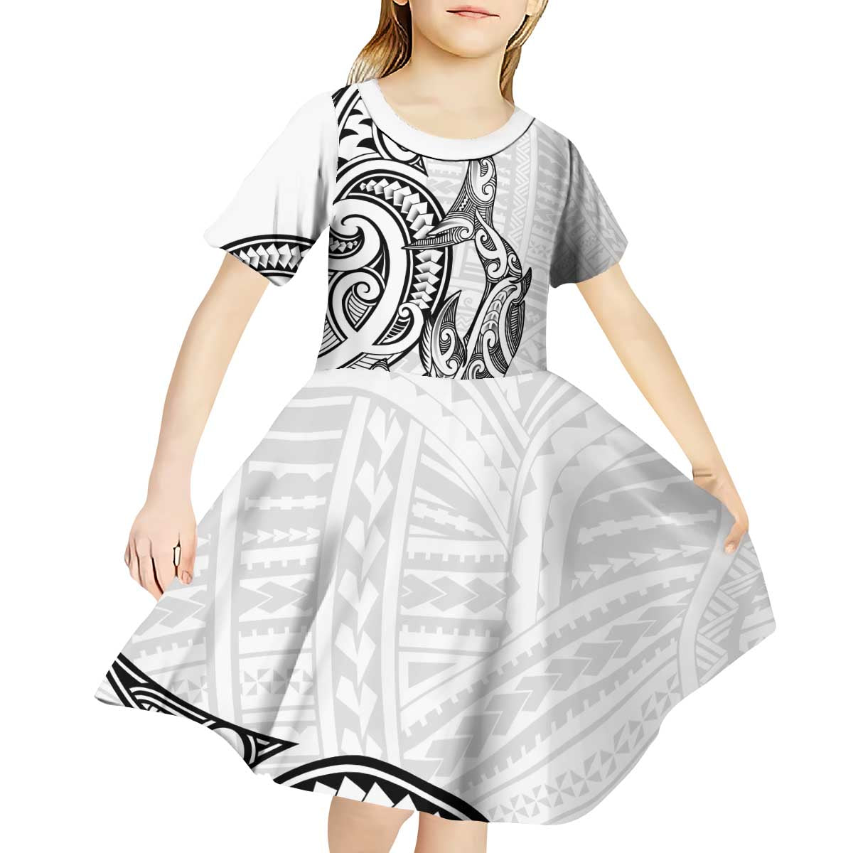 New Zealand Hammerhead Shark Kid Short Sleeve Dress Maori Haehae Mangopare White - Vibe Hoodie