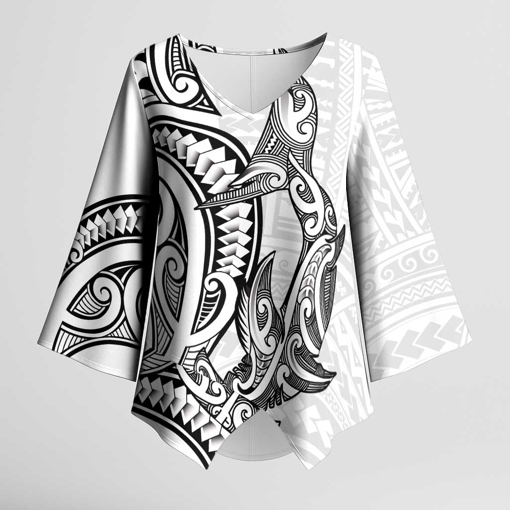 New Zealand Hammerhead Shark Kimono Sleeve Blouse Maori Haehae Mangopare White - Vibe Hoodie