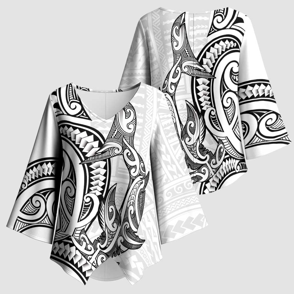 New Zealand Hammerhead Shark Kimono Sleeve Blouse Maori Haehae Mangopare White - Vibe Hoodie