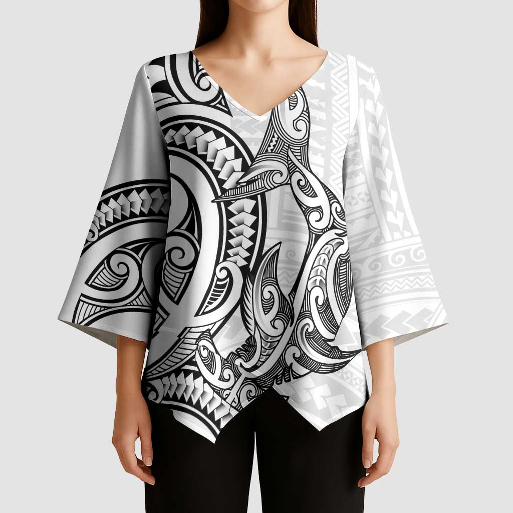 New Zealand Hammerhead Shark Kimono Sleeve Blouse Maori Haehae Mangopare White - Vibe Hoodie