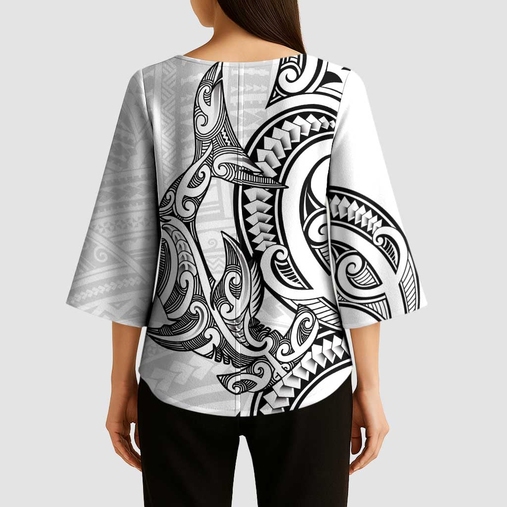 New Zealand Hammerhead Shark Kimono Sleeve Blouse Maori Haehae Mangopare White - Vibe Hoodie