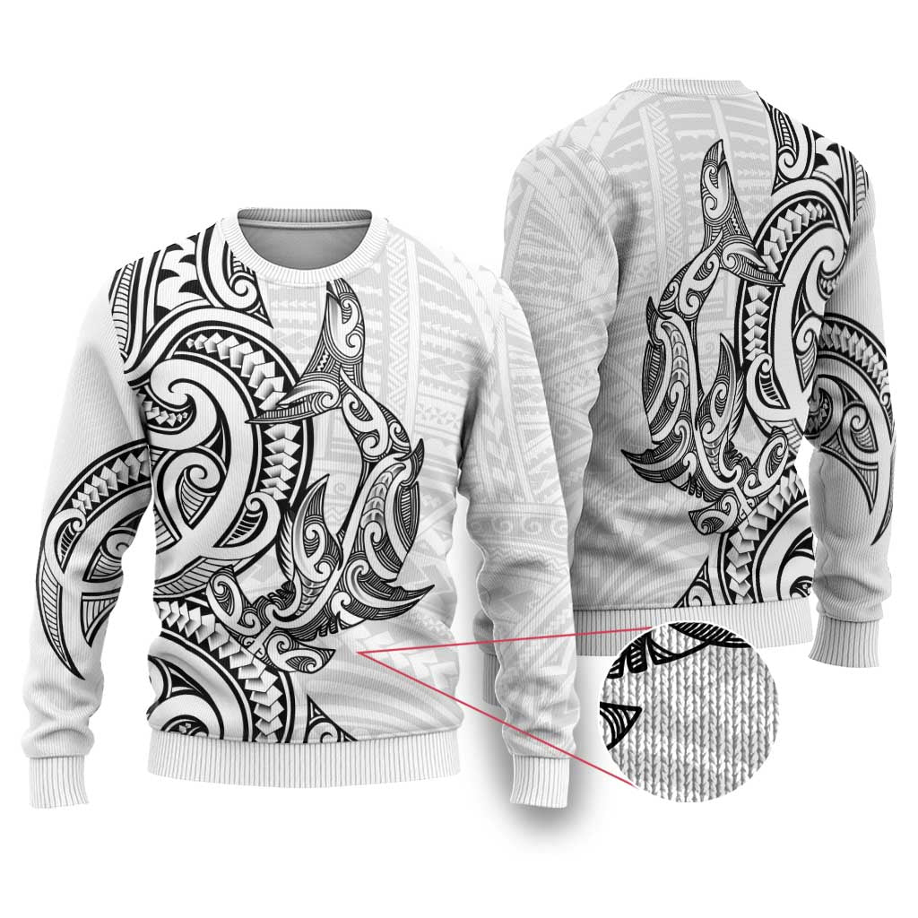 New Zealand Hammerhead Shark Ugly Christmas Sweater Maori Haehae Mangopare White - Vibe Hoodie