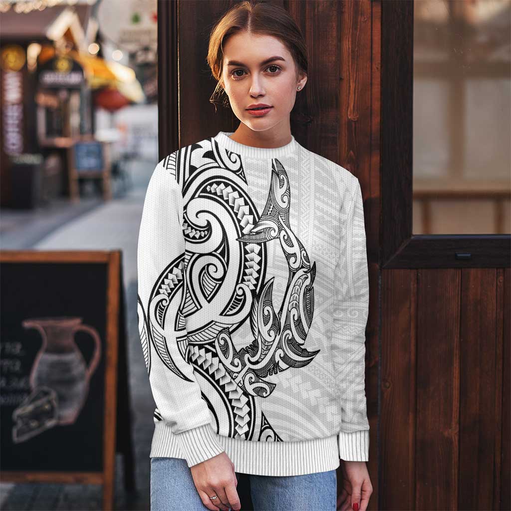 New Zealand Hammerhead Shark Ugly Christmas Sweater Maori Haehae Mangopare White - Vibe Hoodie