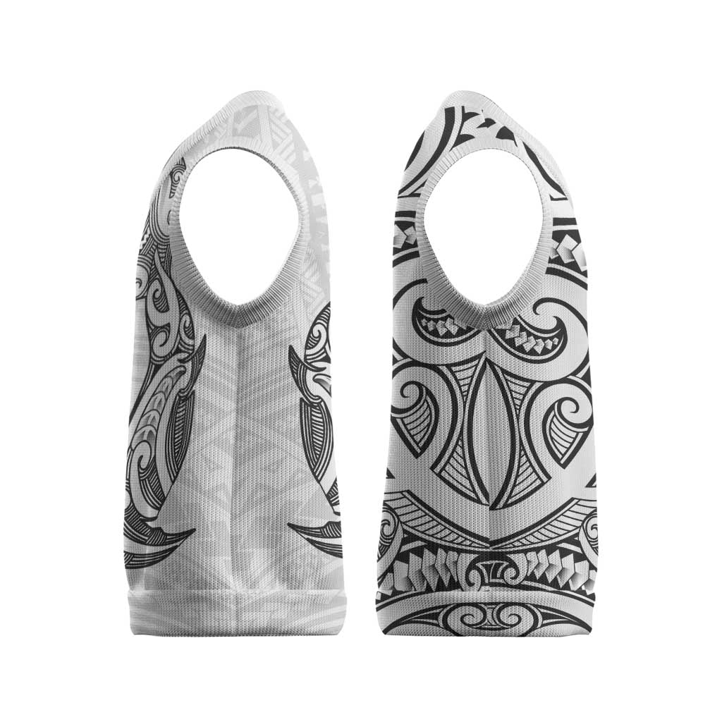 New Zealand Hammerhead Shark Christmas Knitted V-Neck Vest Maori Haehae Mangopare White - Vibe Hoodie