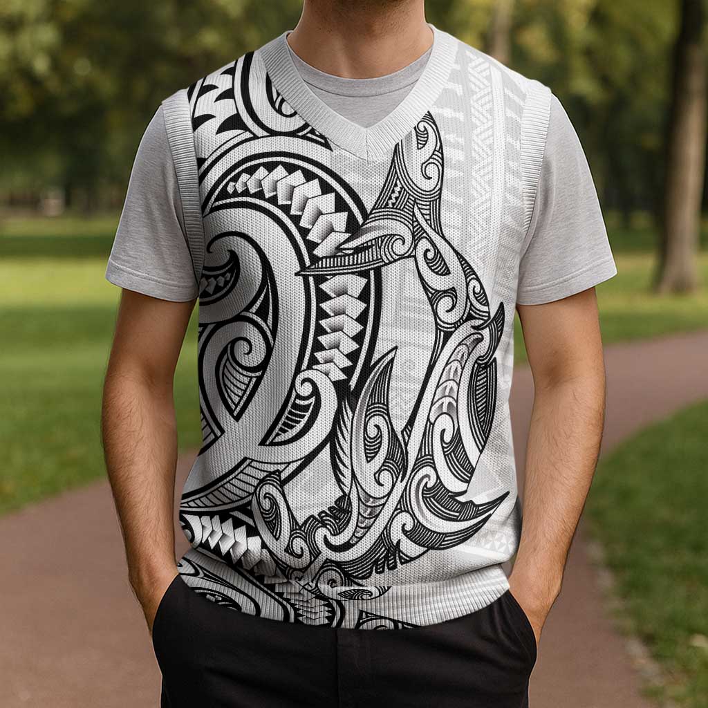 New Zealand Hammerhead Shark Christmas Knitted V-Neck Vest Maori Haehae Mangopare White - Vibe Hoodie