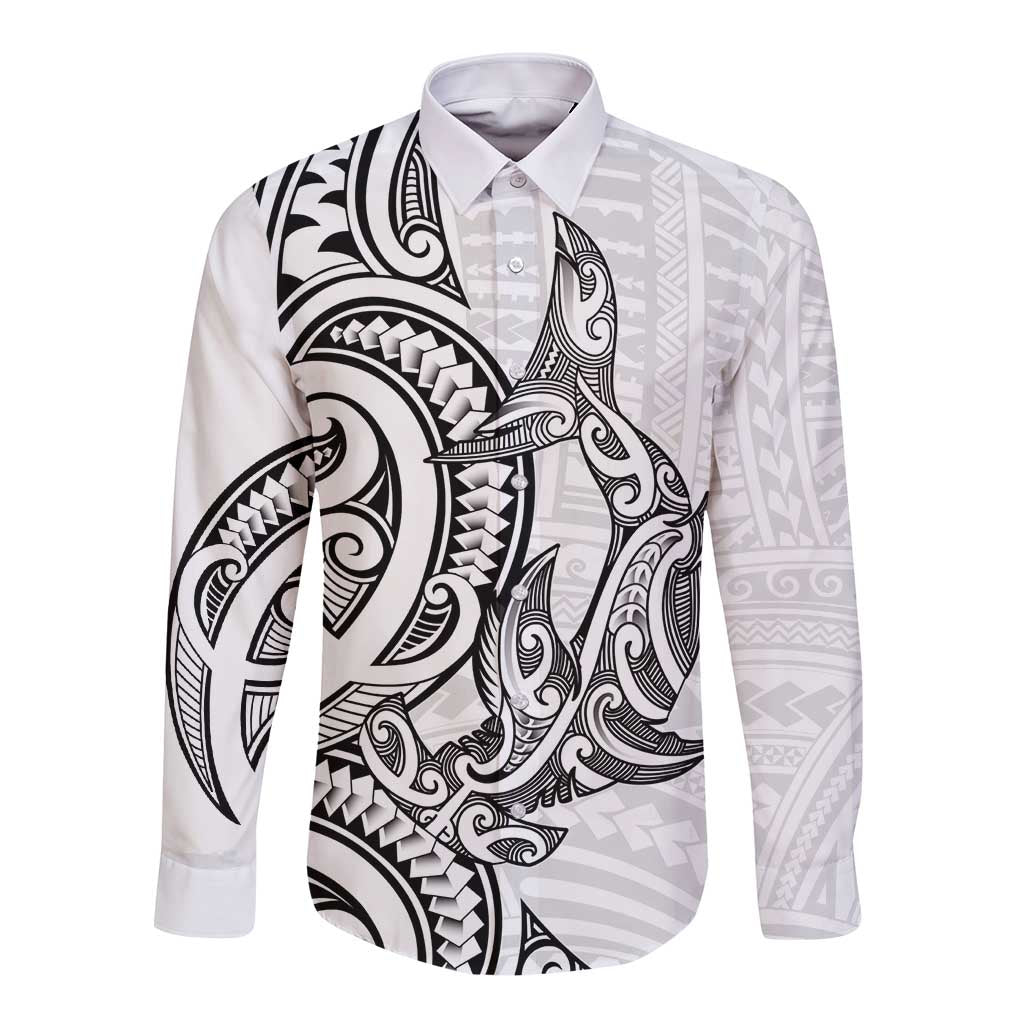 New Zealand Hammerhead Shark Long Sleeve Button Shirt Maori Haehae Mangopare White - Vibe Hoodie