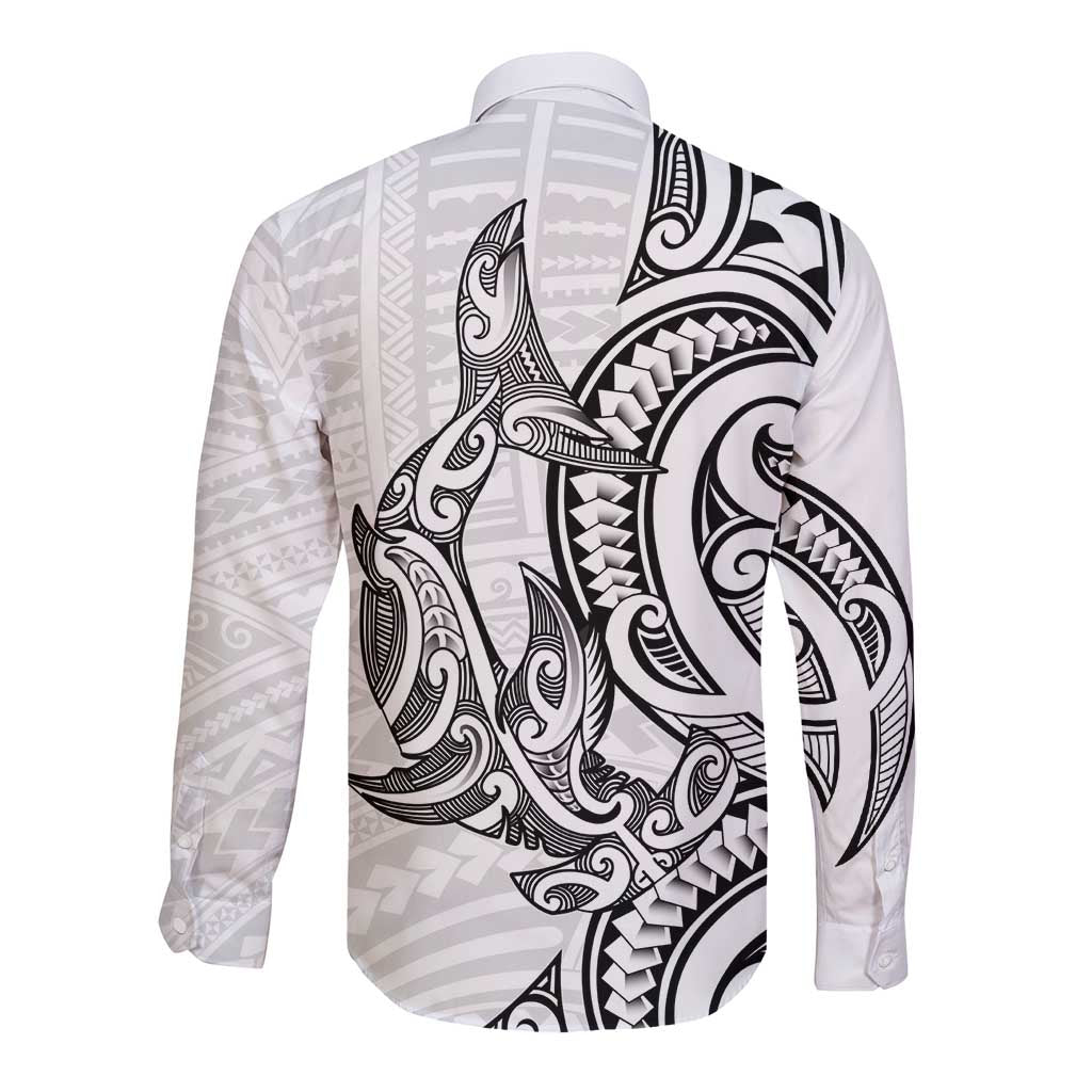 New Zealand Hammerhead Shark Long Sleeve Button Shirt Maori Haehae Mangopare White - Vibe Hoodie