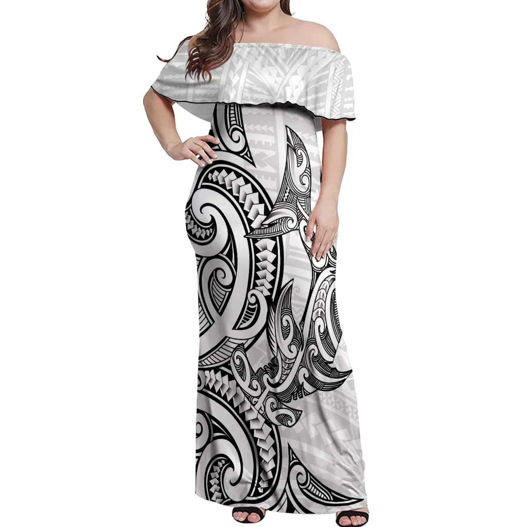 New Zealand Hammerhead Shark Off Shoulder Maxi Dress Maori Haehae Mangopare White - Vibe Hoodie