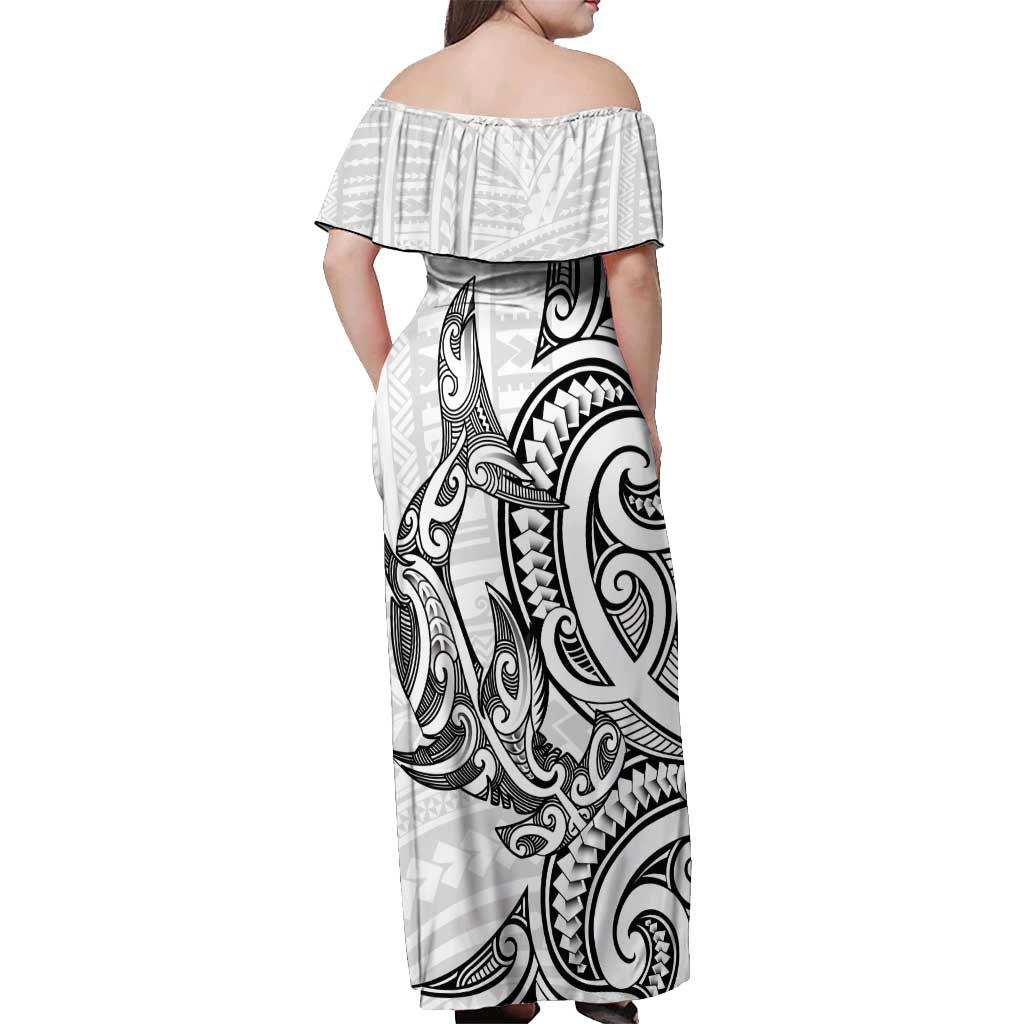 New Zealand Hammerhead Shark Off Shoulder Maxi Dress Maori Haehae Mangopare White - Vibe Hoodie