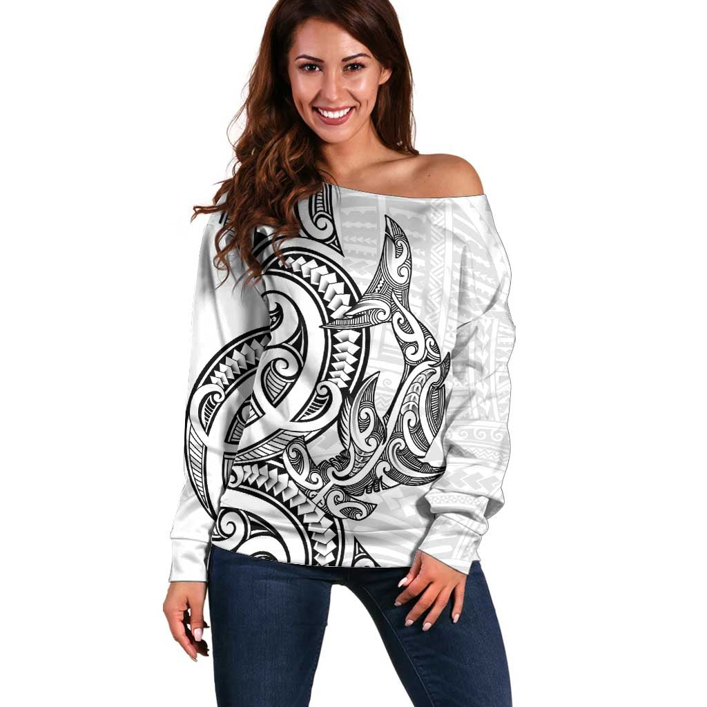 New Zealand Hammerhead Shark Off Shoulder Sweater Maori Haehae Mangopare White - Vibe Hoodie