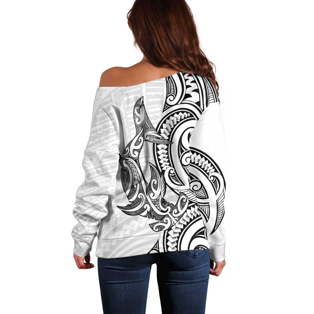 New Zealand Hammerhead Shark Off Shoulder Sweater Maori Haehae Mangopare White - Vibe Hoodie