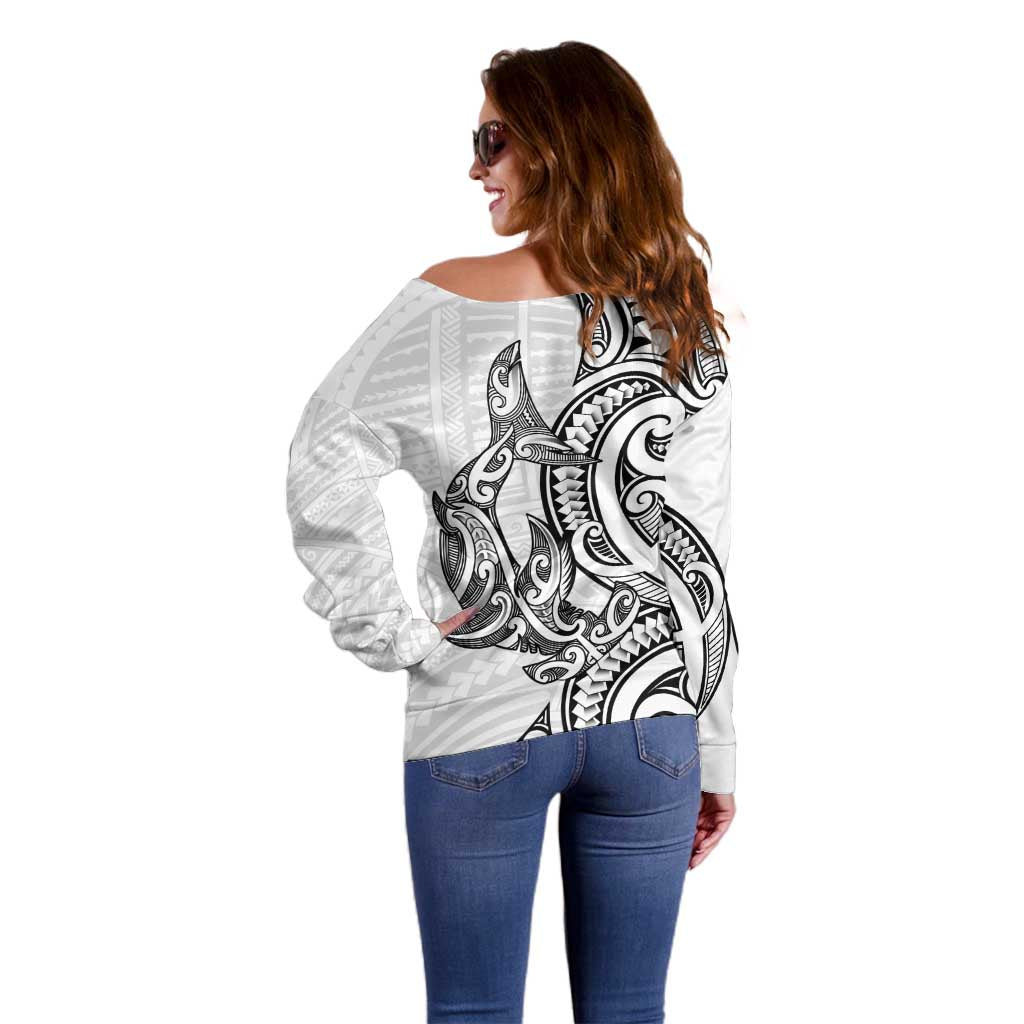 New Zealand Hammerhead Shark Off Shoulder Sweater Maori Haehae Mangopare White - Vibe Hoodie