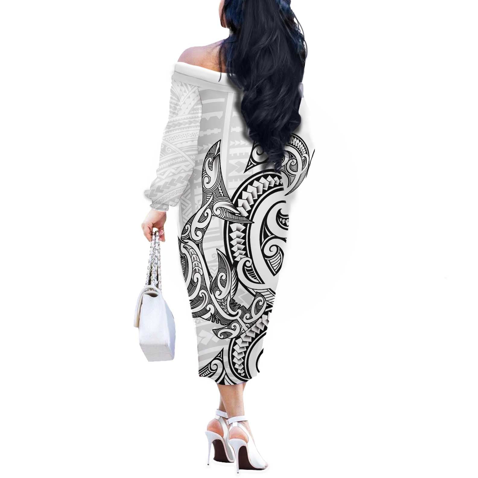 New Zealand Hammerhead Shark Off The Shoulder Long Sleeve Dress Maori Haehae Mangopare White - Vibe Hoodie