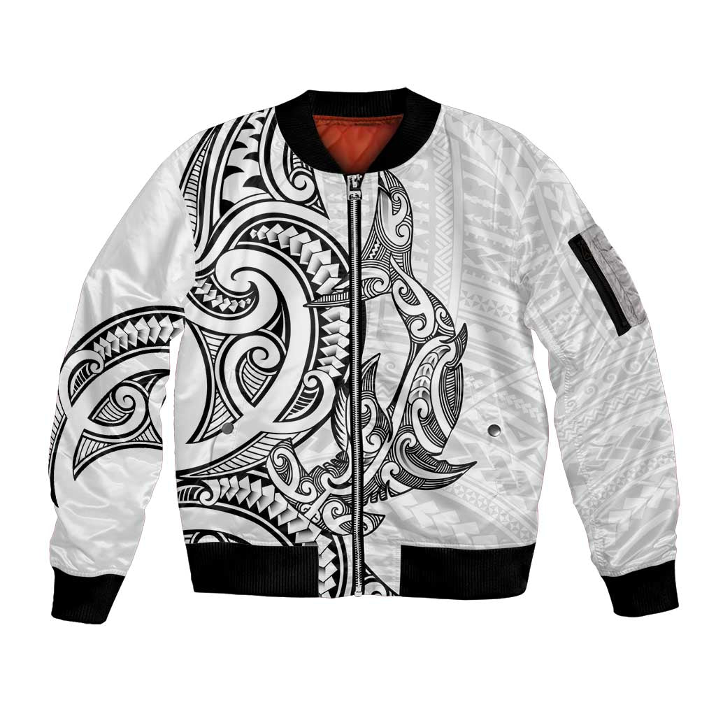 New Zealand Hammerhead Shark Sleeve Zip Bomber Jacket Maori Haehae Mangopare White - Vibe Hoodie