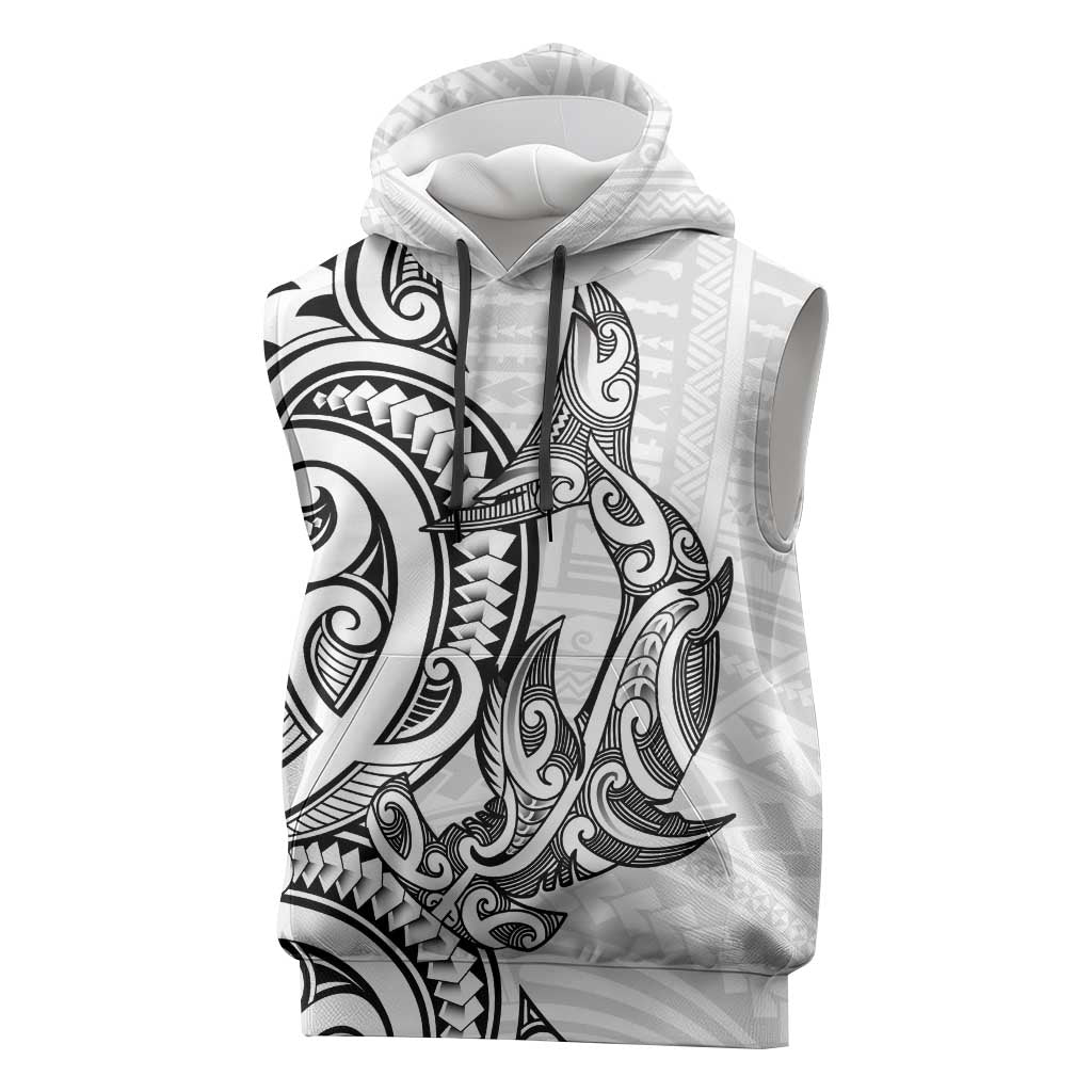 New Zealand Hammerhead Shark Sleeveless Hoodie Maori Haehae Mangopare White - Vibe Hoodie
