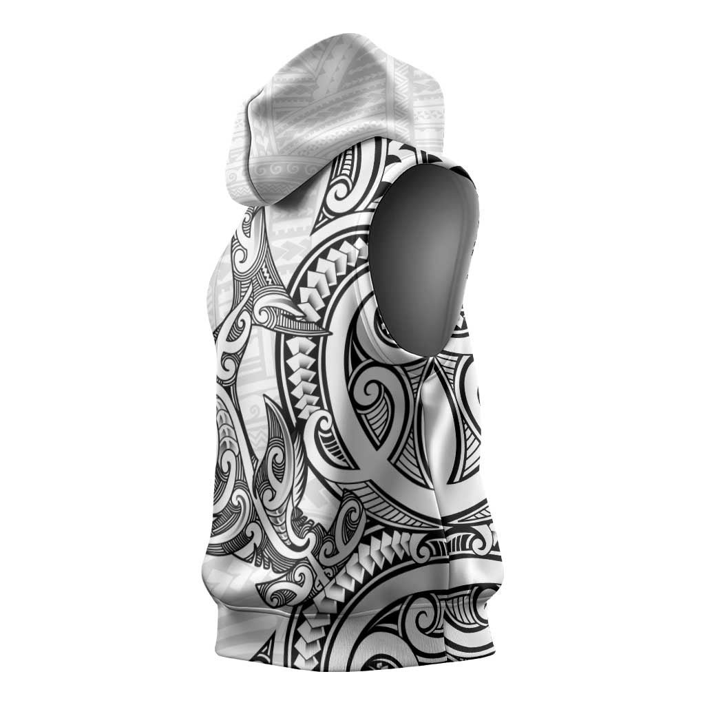 New Zealand Hammerhead Shark Sleeveless Hoodie Maori Haehae Mangopare White - Vibe Hoodie