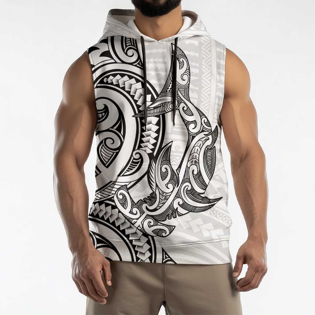 New Zealand Hammerhead Shark Sleeveless Hoodie Maori Haehae Mangopare White - Vibe Hoodie
