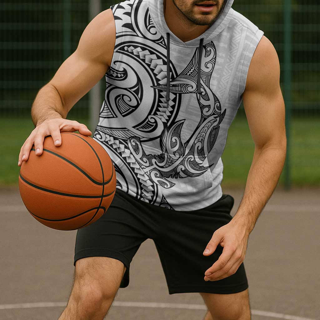 New Zealand Hammerhead Shark Sleeveless Hoodie Maori Haehae Mangopare White - Vibe Hoodie