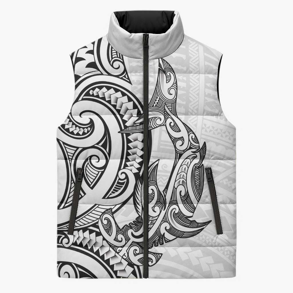 New Zealand Hammerhead Shark Sleeveless Puffer Jacket Maori Haehae Mangopare White - Vibe Hoodie