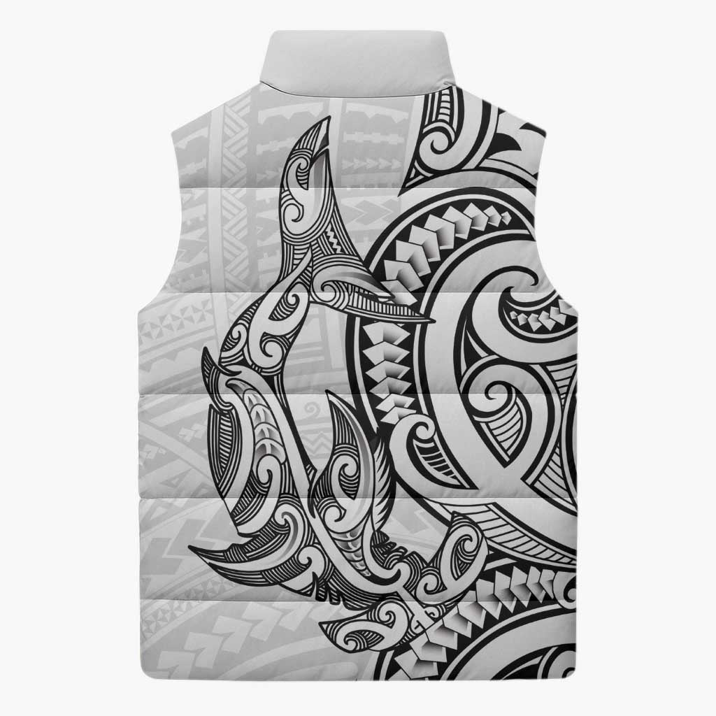 New Zealand Hammerhead Shark Sleeveless Puffer Jacket Maori Haehae Mangopare White - Vibe Hoodie