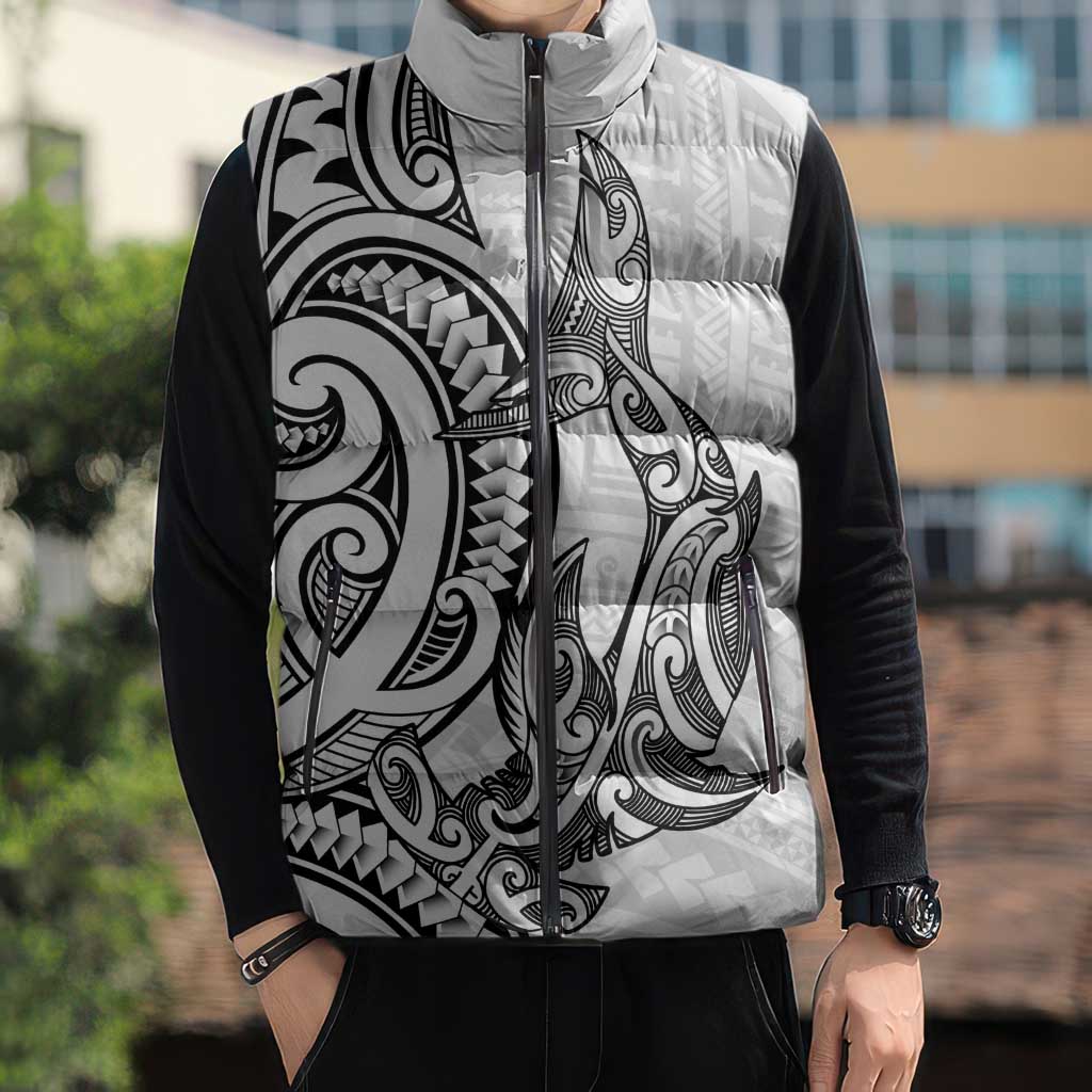 New Zealand Hammerhead Shark Sleeveless Puffer Jacket Maori Haehae Mangopare White - Vibe Hoodie