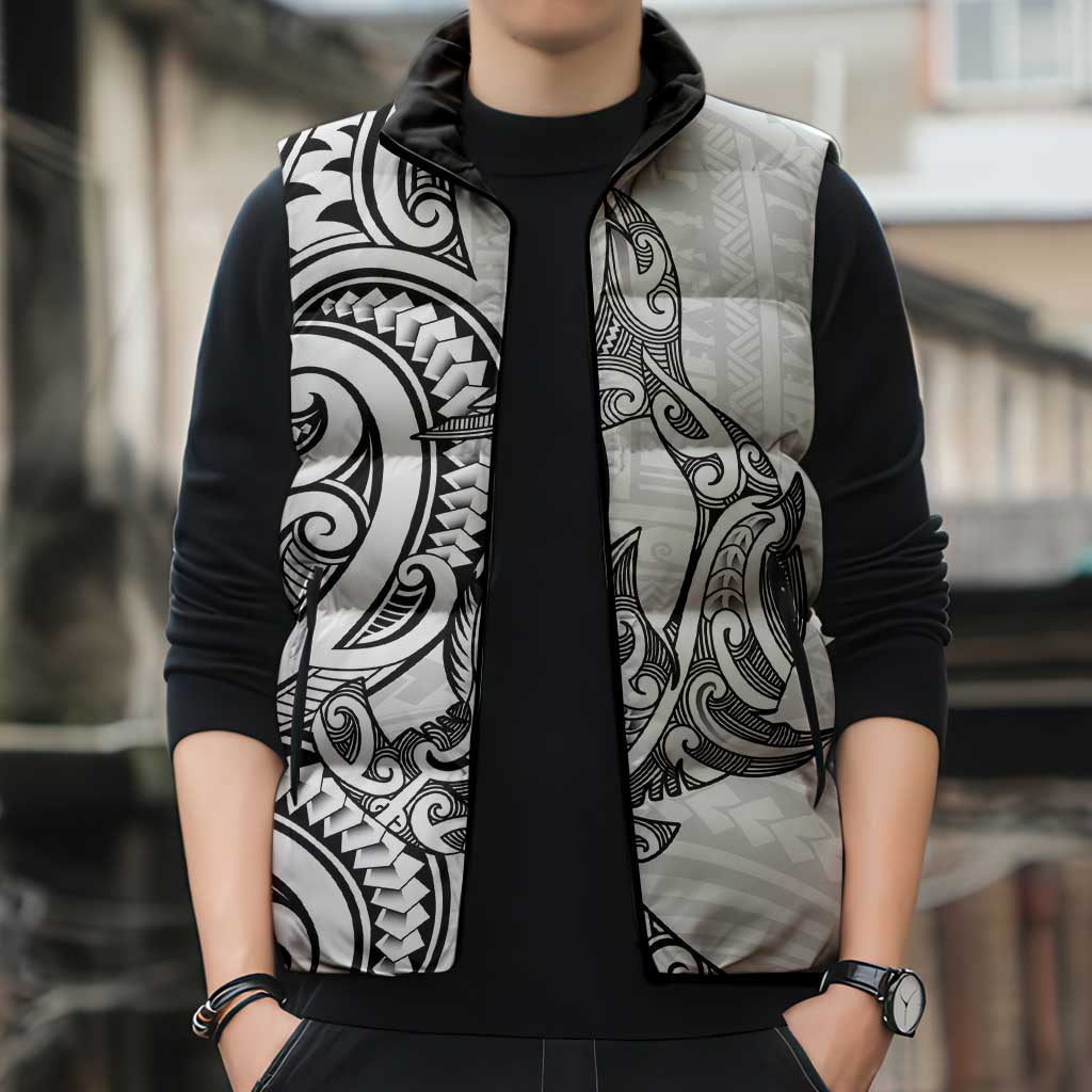New Zealand Hammerhead Shark Sleeveless Puffer Jacket Maori Haehae Mangopare White - Vibe Hoodie