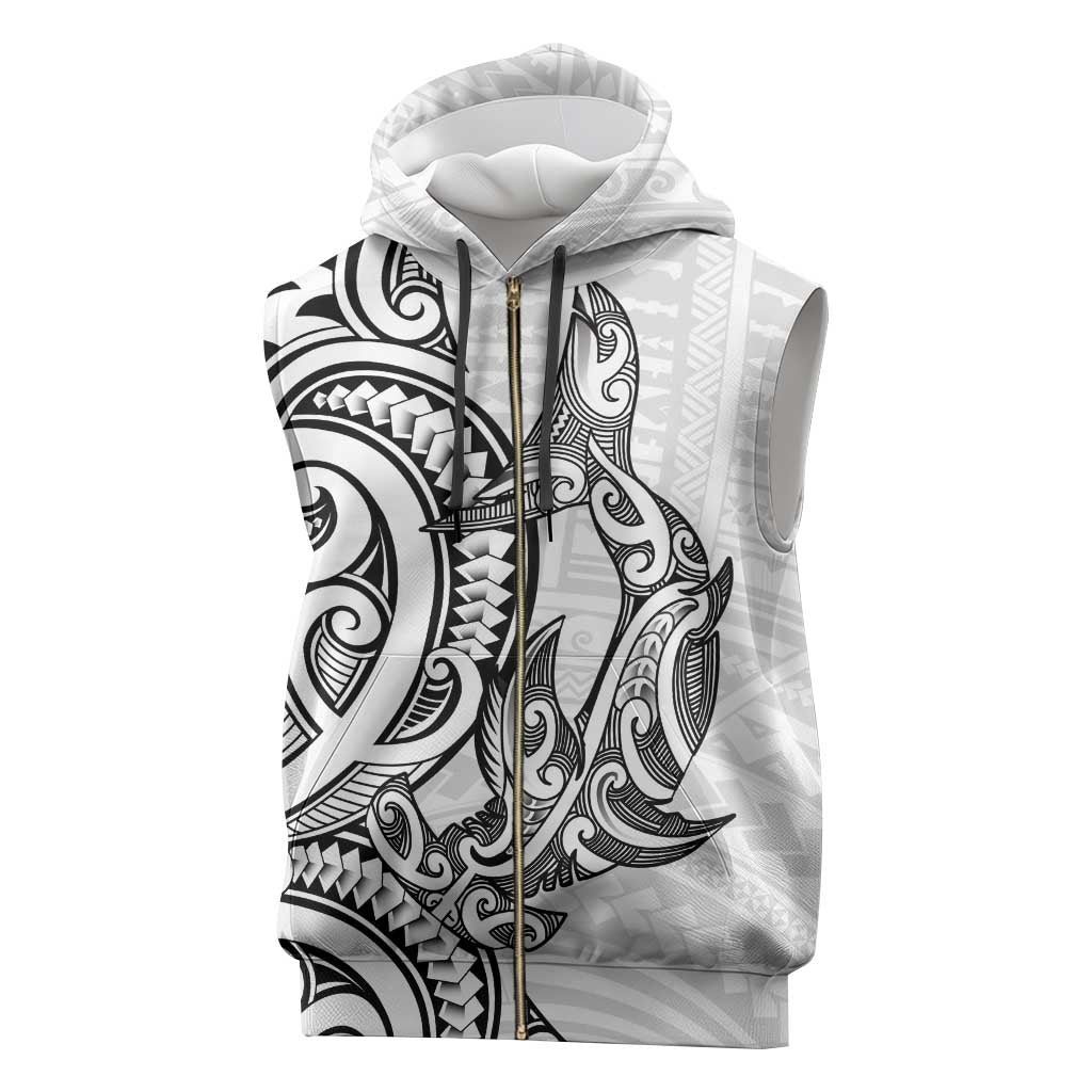 New Zealand Hammerhead Shark Sleeveless Zip Hoodie Maori Haehae Mangopare White - Vibe Hoodie