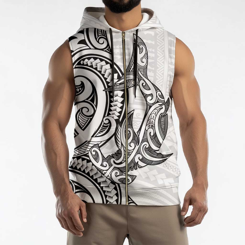 New Zealand Hammerhead Shark Sleeveless Zip Hoodie Maori Haehae Mangopare White - Vibe Hoodie