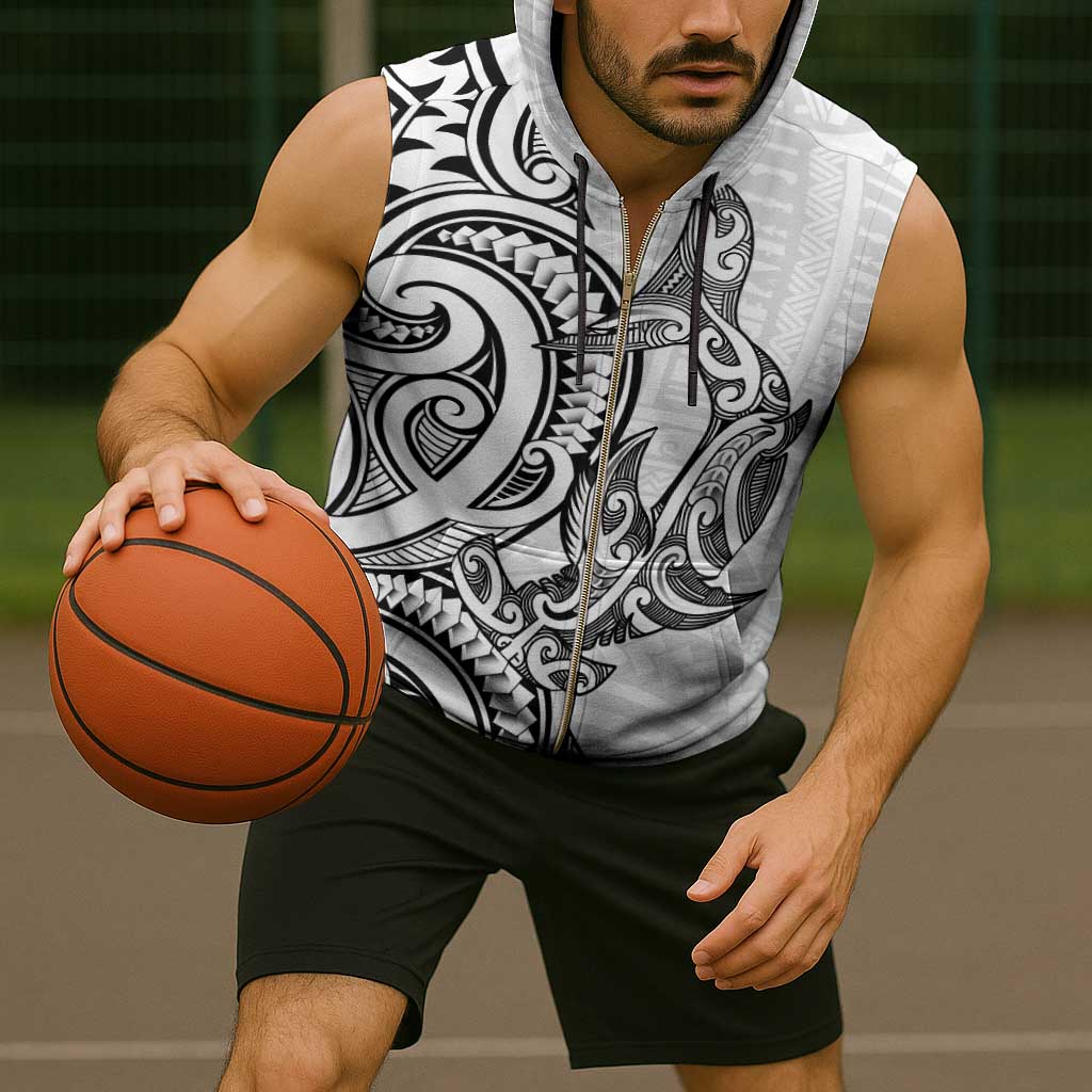 New Zealand Hammerhead Shark Sleeveless Zip Hoodie Maori Haehae Mangopare White - Vibe Hoodie