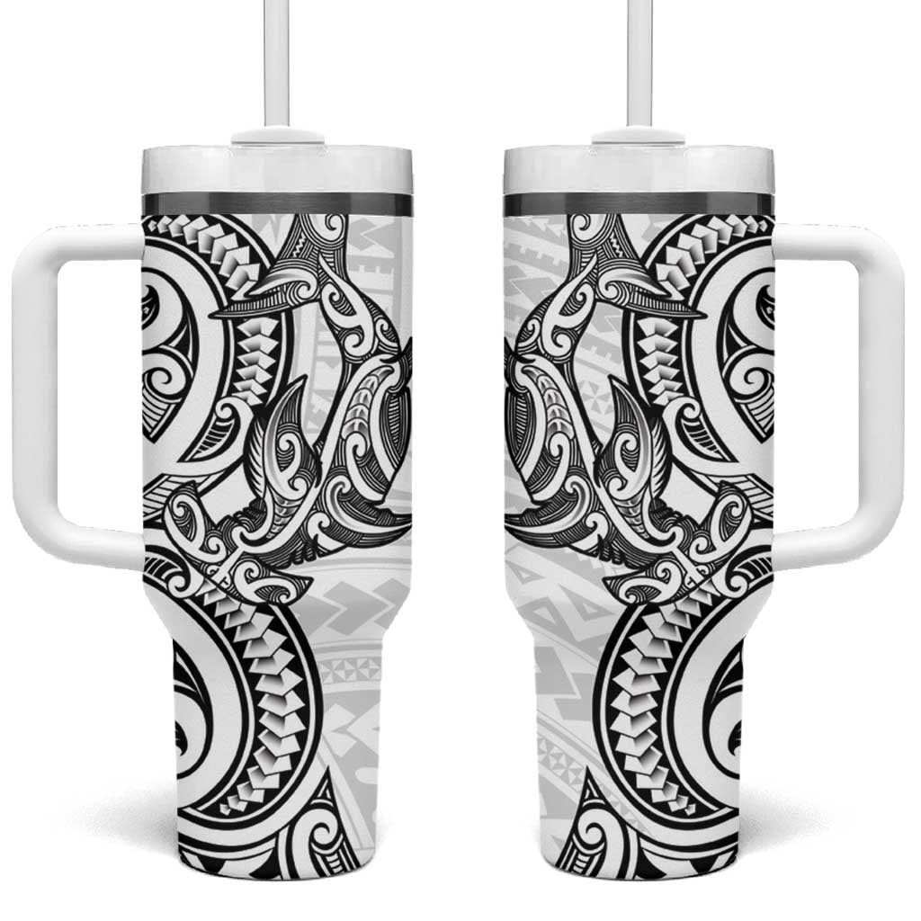 New Zealand Hammerhead Shark Tumbler With Handle Maori Haehae Mangopare White - Vibe Hoodie