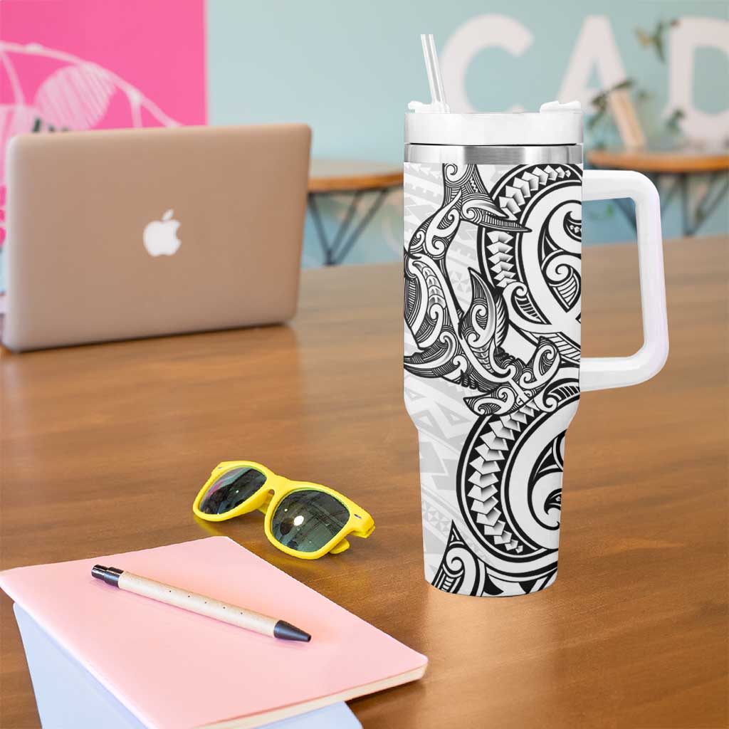 New Zealand Hammerhead Shark Tumbler With Handle Maori Haehae Mangopare White - Vibe Hoodie