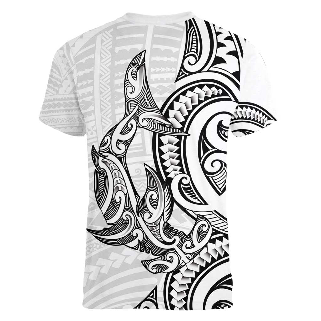 New Zealand Hammerhead Shark Women V-Neck T-Shirt Maori Haehae Mangopare White - Vibe Hoodie