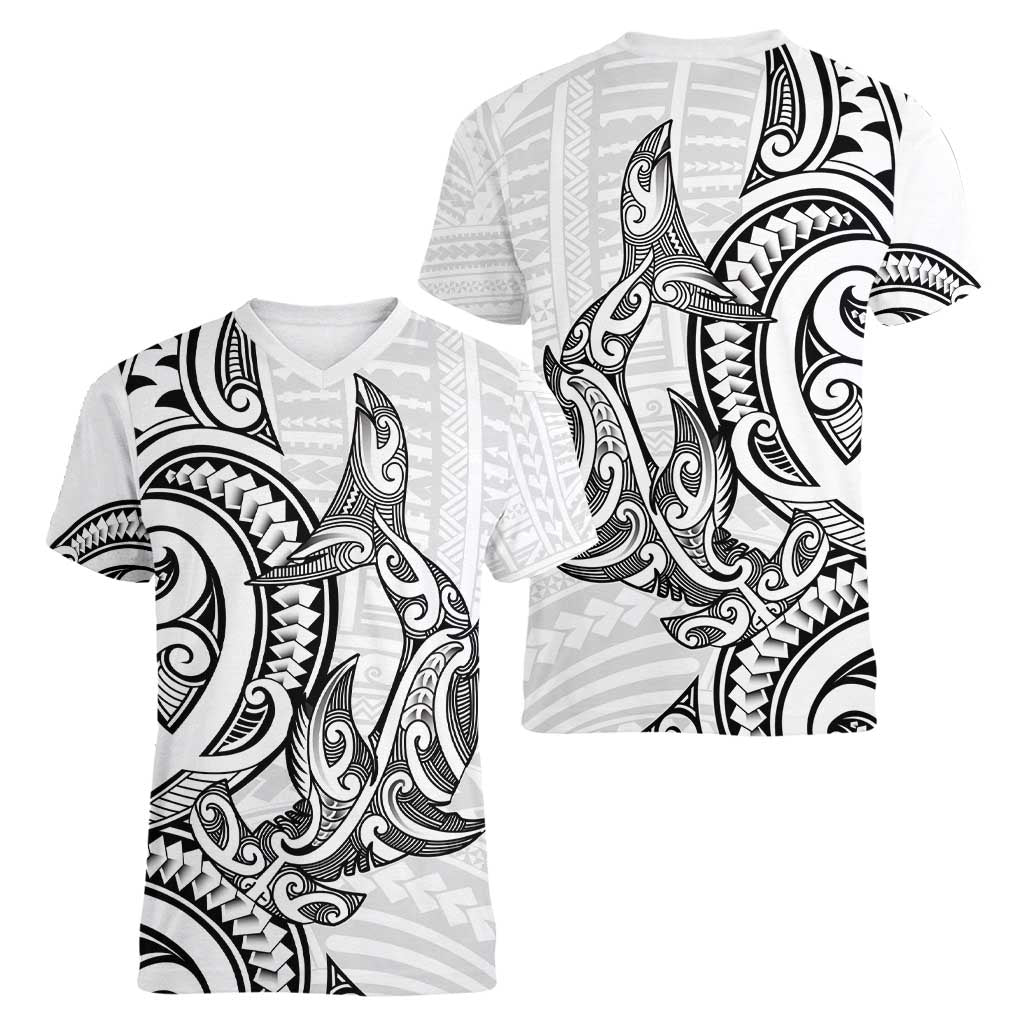 New Zealand Hammerhead Shark Women V-Neck T-Shirt Maori Haehae Mangopare White - Vibe Hoodie