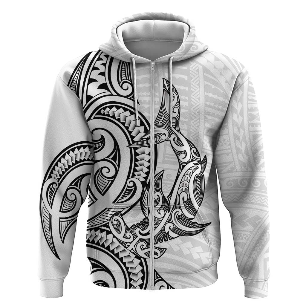 New Zealand Hammerhead Shark Zip Hoodie Maori Haehae Mangopare White - Vibe Hoodie
