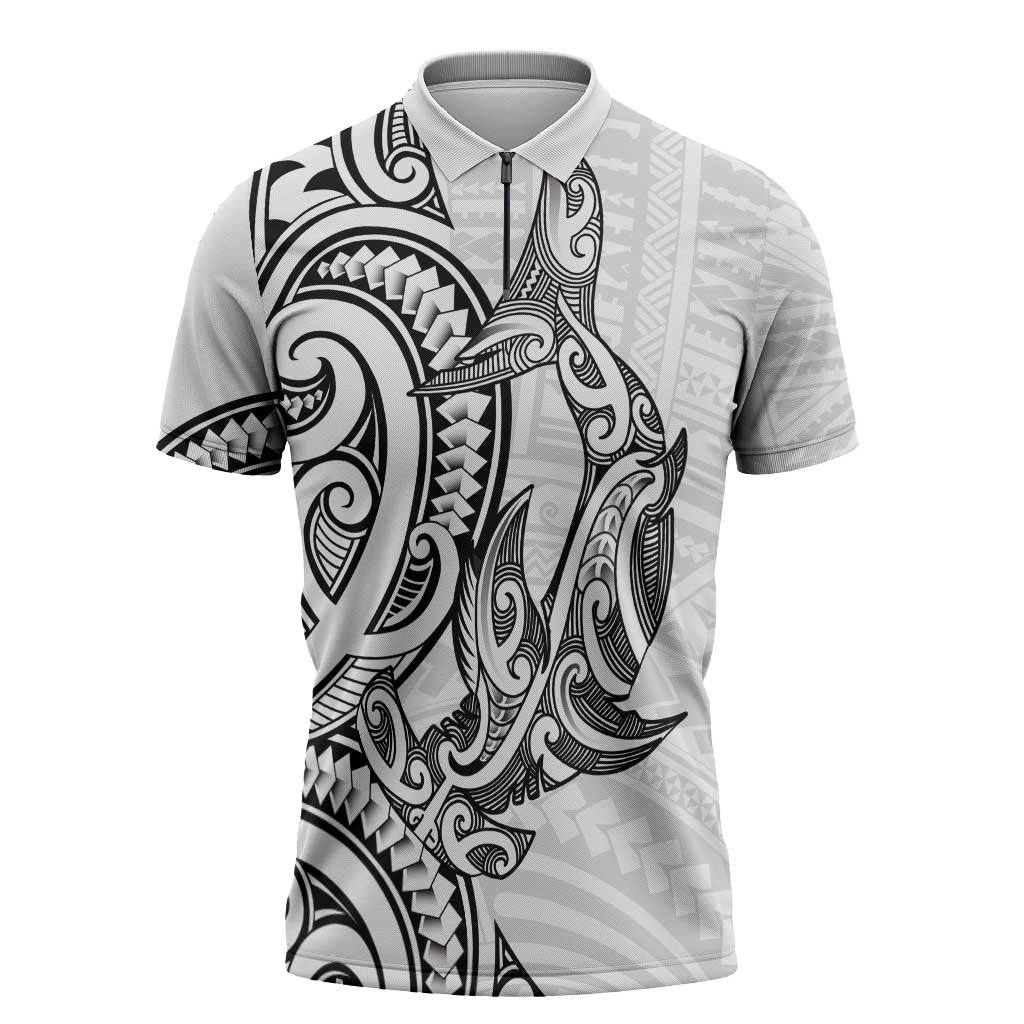 New Zealand Hammerhead Shark Zipper Polo Shirt Maori Haehae Mangopare White - Vibe Hoodie