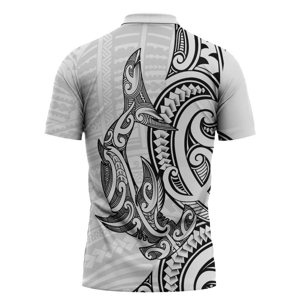New Zealand Hammerhead Shark Zipper Polo Shirt Maori Haehae Mangopare White - Vibe Hoodie
