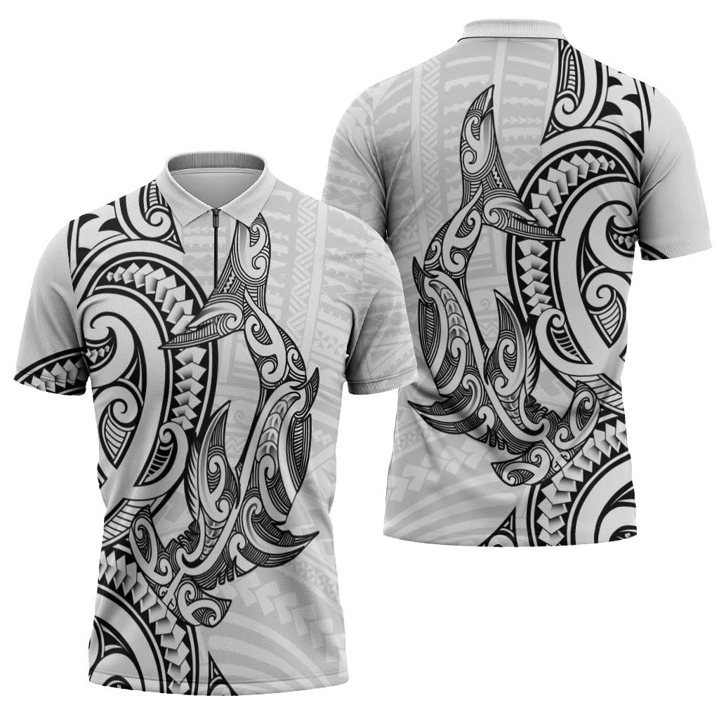 New Zealand Hammerhead Shark Zipper Polo Shirt Maori Haehae Mangopare White - Vibe Hoodie