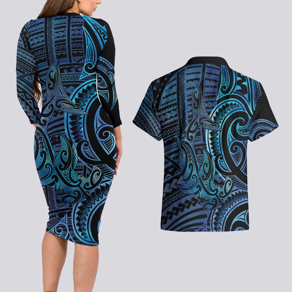 New Zealand Hammerhead Shark Couples Matching Long Sleeve Bodycon Dress and Hawaiian Shirt Maori Haehae Mangopare Galaxy - Vibe Hoodie