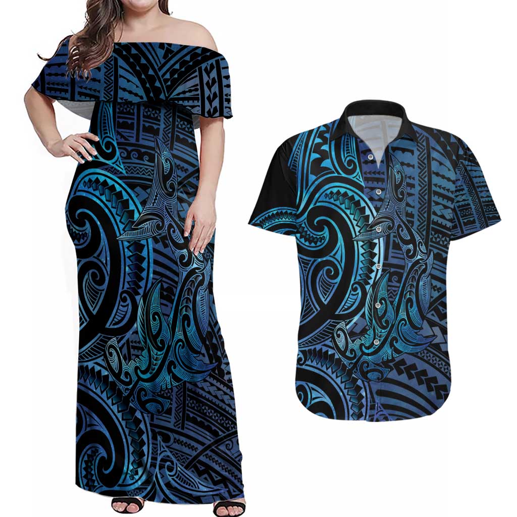 New Zealand Hammerhead Shark Couples Matching Off Shoulder Maxi Dress and Hawaiian Shirt Maori Haehae Mangopare Galaxy - Vibe Hoodie