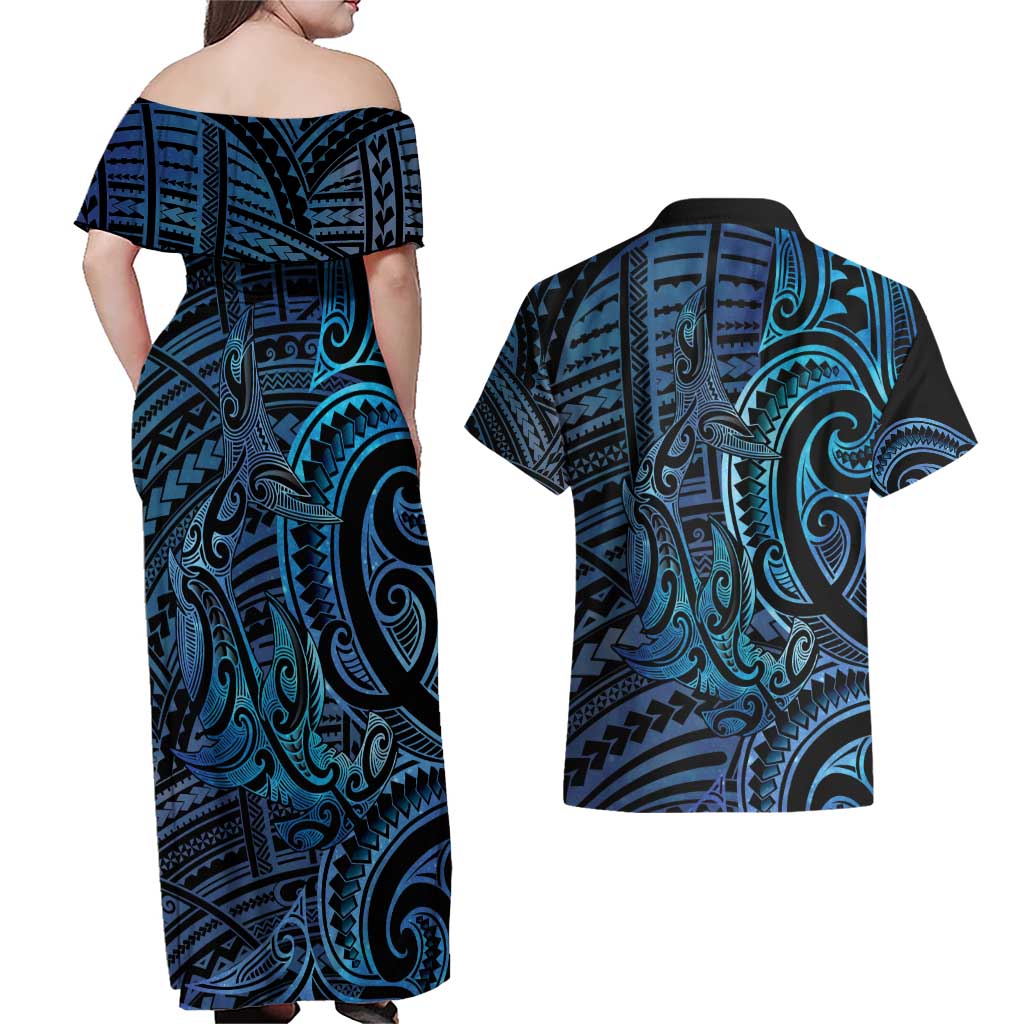 New Zealand Hammerhead Shark Couples Matching Off Shoulder Maxi Dress and Hawaiian Shirt Maori Haehae Mangopare Galaxy - Vibe Hoodie