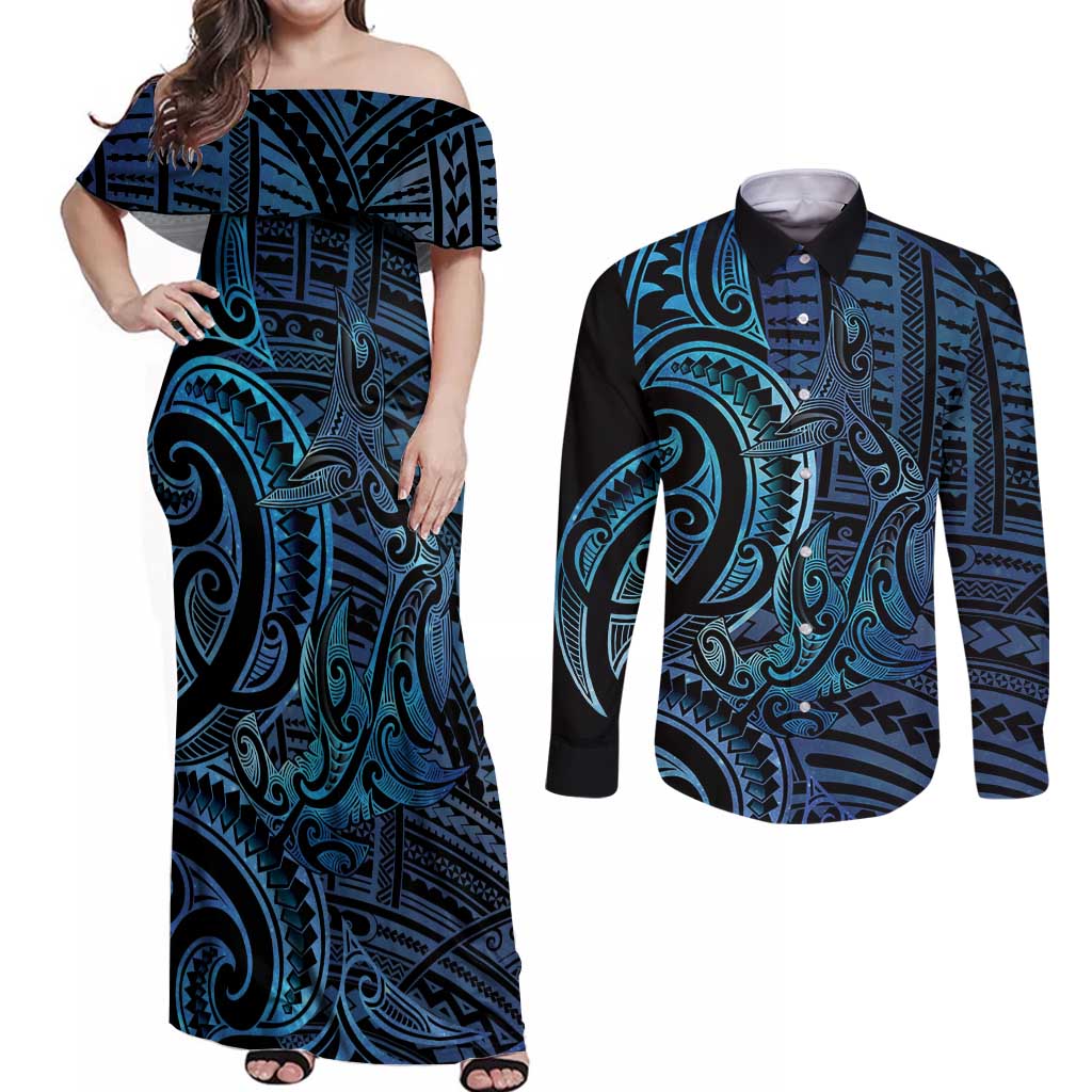 New Zealand Hammerhead Shark Couples Matching Off Shoulder Maxi Dress and Long Sleeve Button Shirt Maori Haehae Mangopare Galaxy - Vibe Hoodie