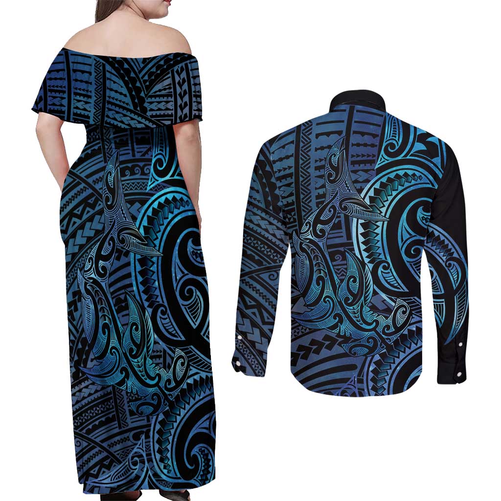 New Zealand Hammerhead Shark Couples Matching Off Shoulder Maxi Dress and Long Sleeve Button Shirt Maori Haehae Mangopare Galaxy - Vibe Hoodie