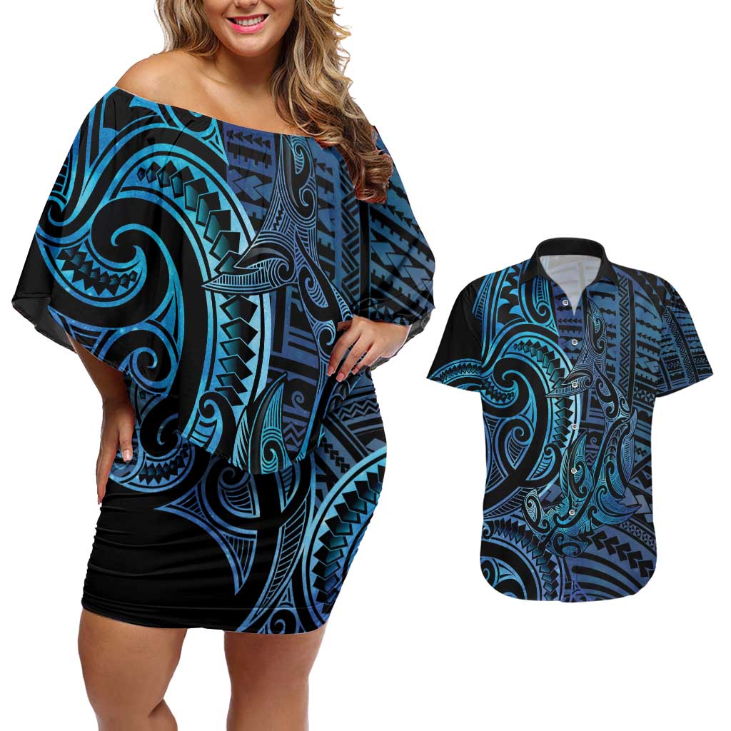 New Zealand Hammerhead Shark Couples Matching Off Shoulder Short Dress and Hawaiian Shirt Maori Haehae Mangopare Galaxy - Vibe Hoodie