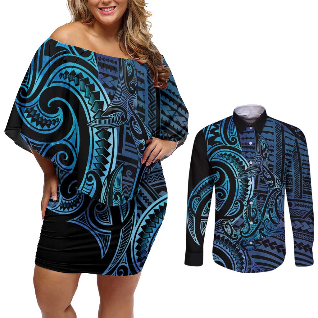 New Zealand Hammerhead Shark Couples Matching Off Shoulder Short Dress and Long Sleeve Button Shirt Maori Haehae Mangopare Galaxy - Vibe Hoodie
