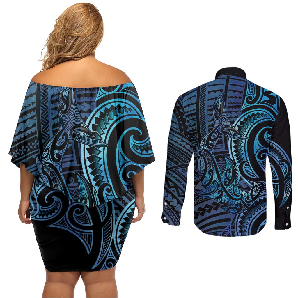 New Zealand Hammerhead Shark Couples Matching Off Shoulder Short Dress and Long Sleeve Button Shirt Maori Haehae Mangopare Galaxy - Vibe Hoodie