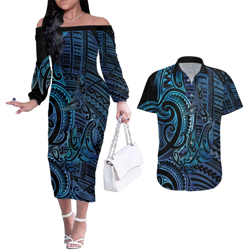 New Zealand Hammerhead Shark Couples Matching Off The Shoulder Long Sleeve Dress and Hawaiian Shirt Maori Haehae Mangopare Galaxy - Vibe Hoodie