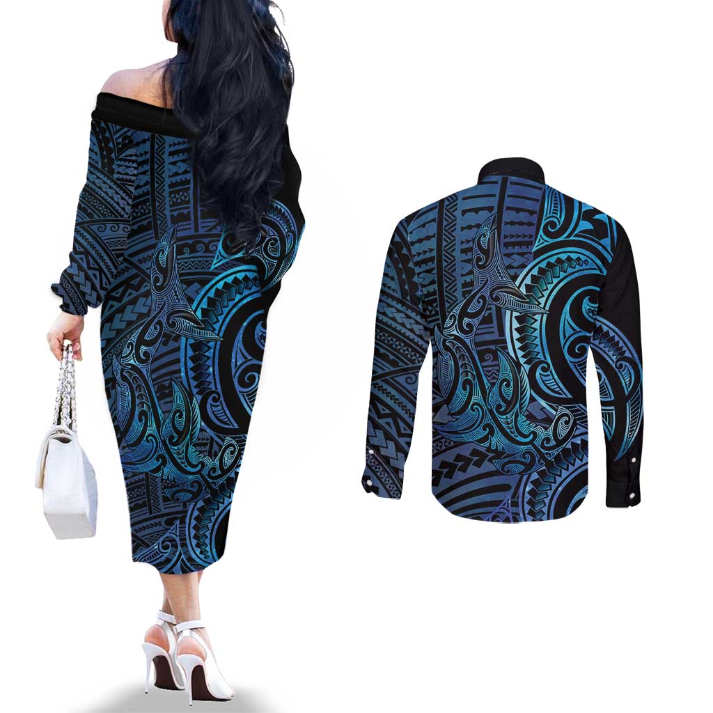New Zealand Hammerhead Shark Couples Matching Off The Shoulder Long Sleeve Dress and Long Sleeve Button Shirt Maori Haehae Mangopare Galaxy - Vibe Hoodie